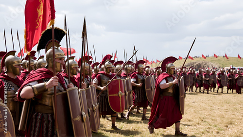 Roman legionaries in formation on ancient battlefield reenactment photo