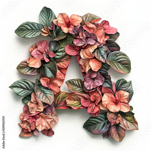 A vibrant floral letter A adorned with lush leaves and colorful blooms, perfect for branding, invitations, or creative projects emphasizing nature and beauty in typography, photo