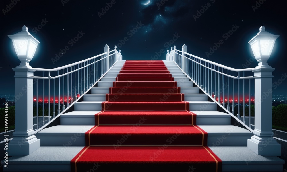 Fototapeta premium Illuminated red carpet staircase under starry night sky