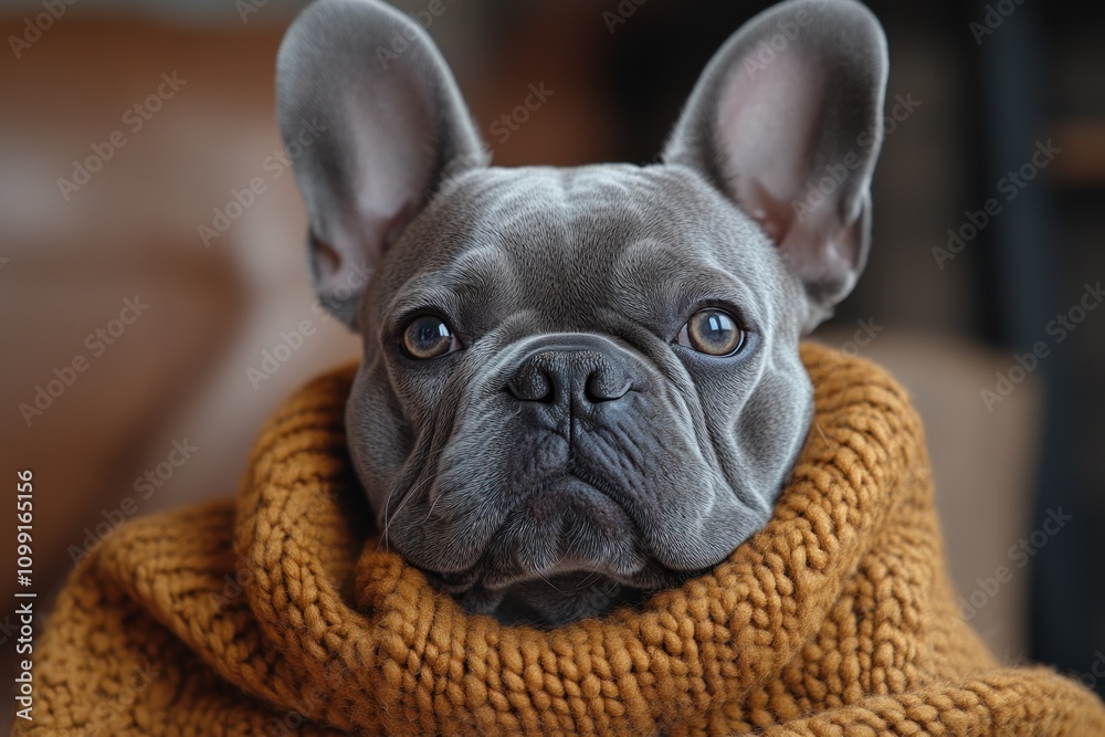 Fototapeta premium Close-up portrait of a blue French Bulldog puppy wearing a cozy mustard-colored knitted sweater, looking directly at the camera.