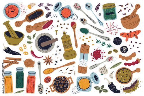 Vector illustration set of spices, herbs, and seasonings for cooking. Turmeric, chili, saffron, mortar and grinder, jars with various spice, spoons, and more. Flat cartoon doodle, culinary ingredients