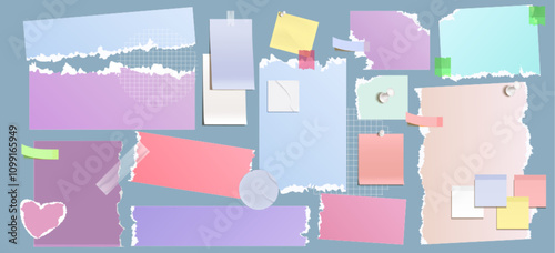 Torn color paper pieces set isolated on background. Vector realistic illustration of blank ripped notepad pages with uneven edges pinned or attacked to wall with sticky tape, empty notebook sheets