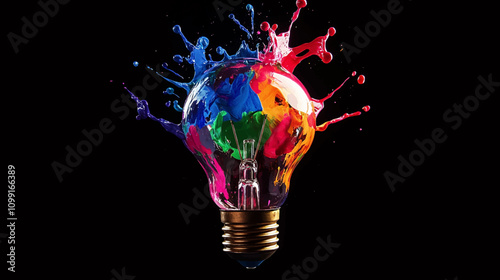 Creative concept light bulb explodes with colorful water colors on a dark black background. Think different, creative idea. Productivity and creativity splash watercolor vector illustration.