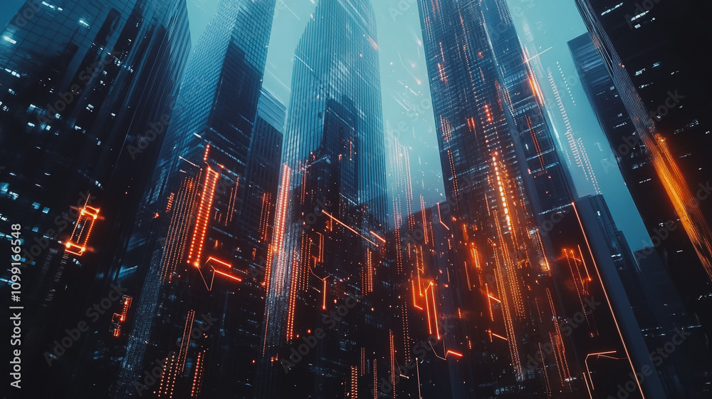 Obraz premium Smart digital Innovation city with connection network reciprocity over the sunset cityscape. of future wireless digital city and social media networking systems that connects people with in city
