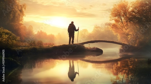 A hiker with a walking stick crossing a bridge over a river symbolizing embarking on a journey through nature photo