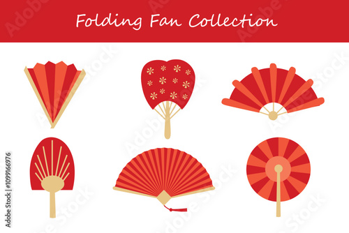 folding fan collection in different poses. Vector illustration.