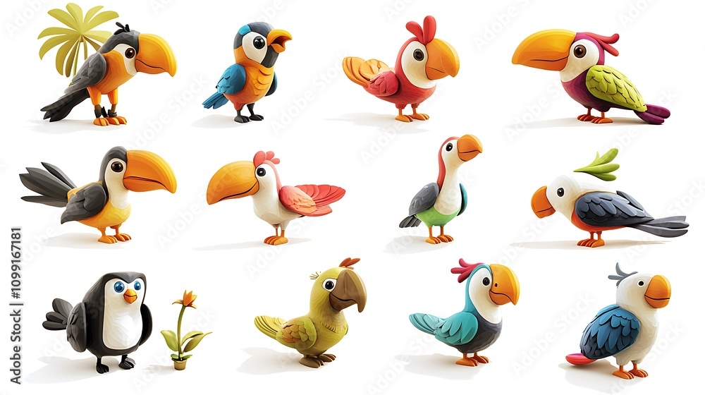 Naklejka premium Colorful Cartoon Toucans Parrots Illustration
