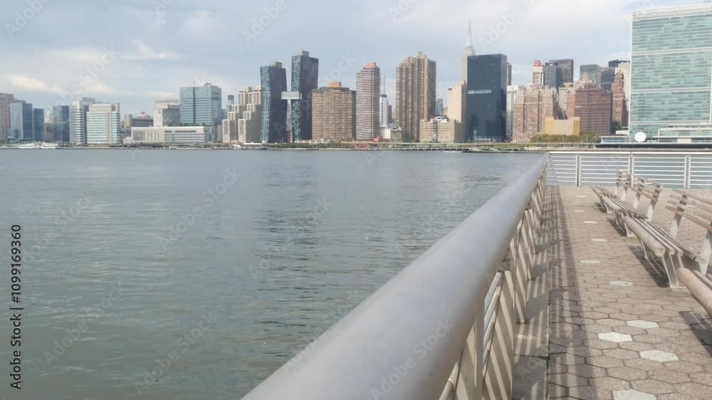 New York City waterfront skyline, Manhattan Midtown buildings ...