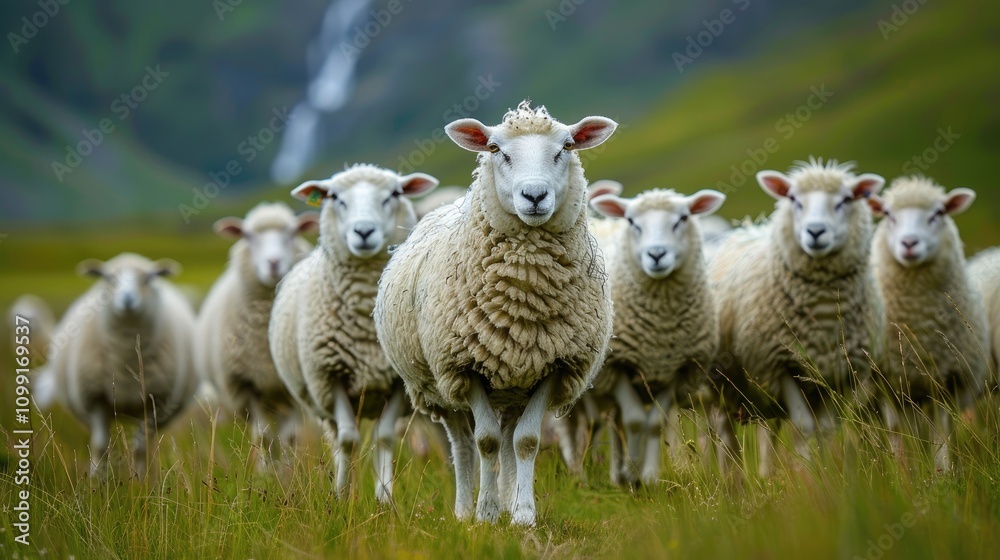 Fototapeta premium Flock of sheep in a green field. Perfect for agricultural, nature, or pastoral themes; evokes tranquility and rural life.