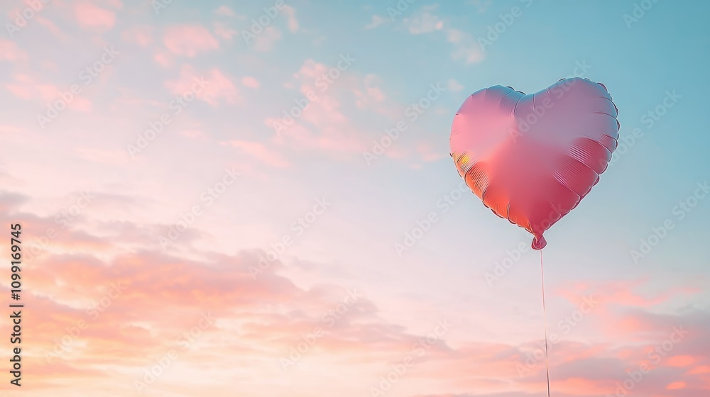 Fototapeta premium Heart-shaped balloon floats gently against a pastel sunset. Romantic and dreamy.