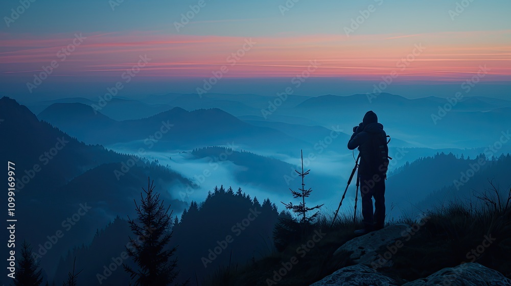Obraz premium Photographer captures misty sunrise. Perfect for travel, adventure, and nature themes.