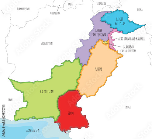 Pakistan map with provinces and territories and administrative divisions, and neighbouring countries and territories. Editable and clearly labeled layers. vector illustration