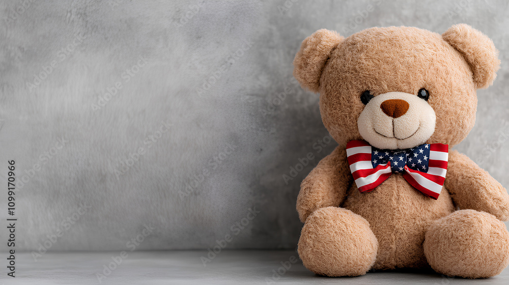 Fototapeta premium Patriotic Teddy Bear with American Flag Bow Tie