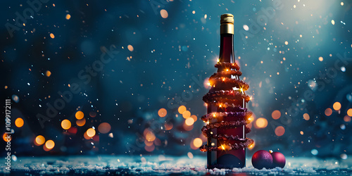 a wine bottle transformed into a Christmas tree. The bottle is wrapped in a spiral of red wine, creating the illusion of a tree trunk and branches. A golden star tops the bottle, adding a touch of hol photo