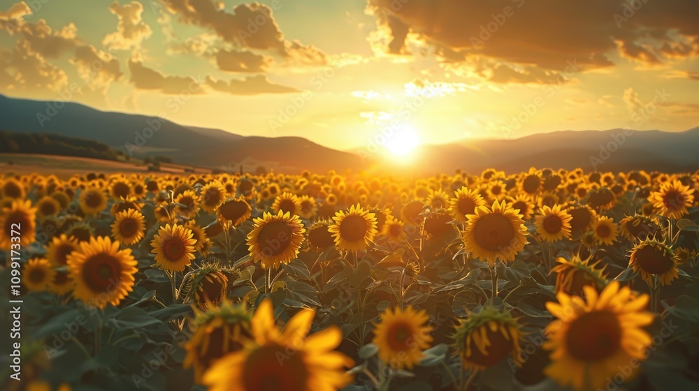 Fototapeta premium Sunflowers at sunset in a field. Perfect for summer, nature, or happy themes; evokes warmth and joy.