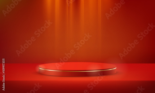 Red background vector 3d with red and gold podium for product presentation. Empty space for placing text and products for promotion. Empty room with light effect. Vector illustration.