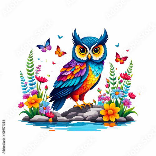 illustration of owl near river surrounded by colorful flowers on white background. photo