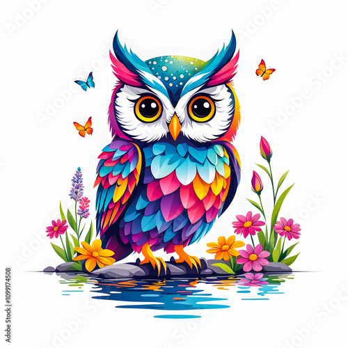 illustration of owl near river surrounded by colorful flowers on white background. photo