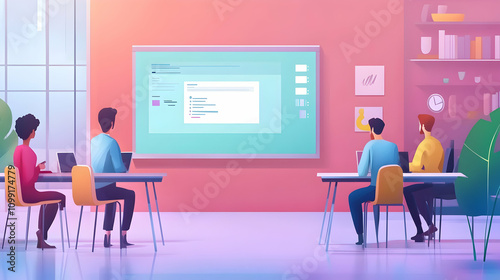 A minimalist office space with two professionals seated at desks, working collaboratively in front of a large digital display in a bright and organized environment.

