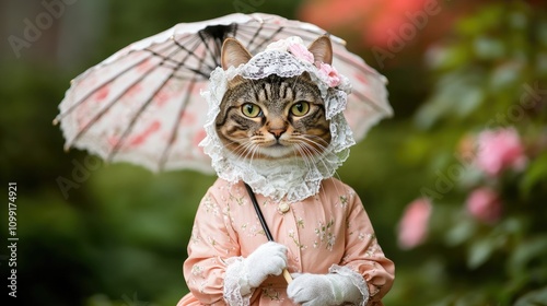 Charming cat in vintage dress with umbrella outdoor garden whimsical photography nature close-up adorable feline concept photo