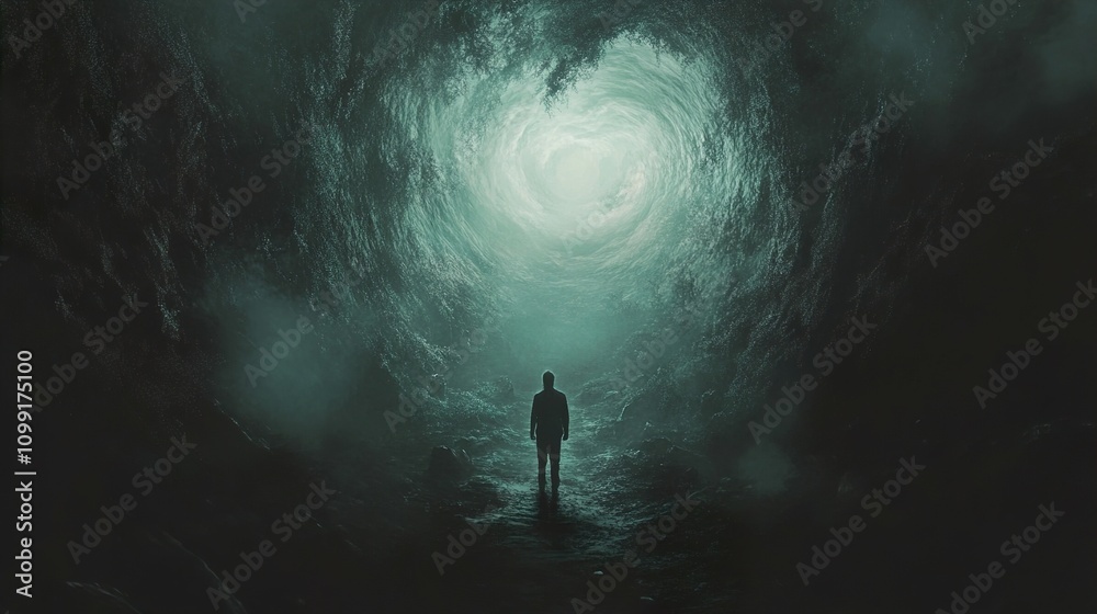 Fototapeta premium A solitary figure stands at the entrance of a dark cave, a swirling vortex of teal hues leading to a distant light. A journey of introspection and hope.