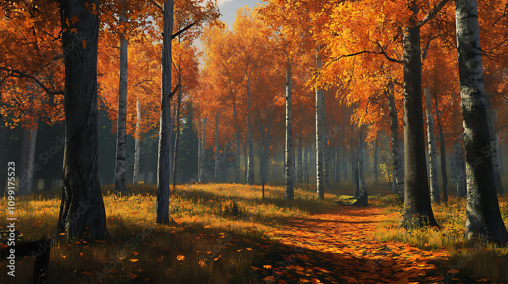 Fototapeta premium A tranquil forest with tall trees showcasing bright orange leaves, creating a warm and inviting autumn atmosphere. 