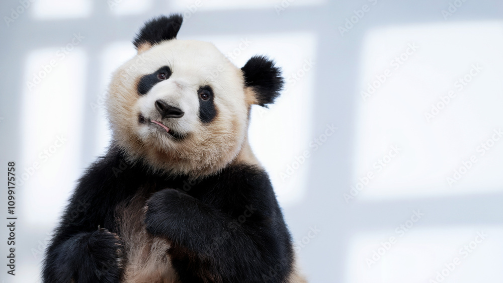 Obraz premium a playful panda tilting its head slightly, its round face and black-and-white fur exuding an adorable sense of wonder, against an isolated white background