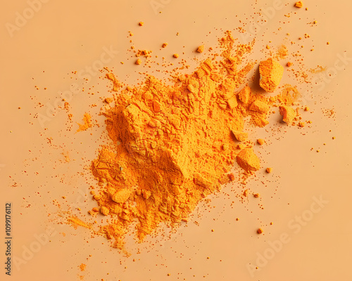 A vibrant pile of orange powder on a plain background, likely a spice or pigment.