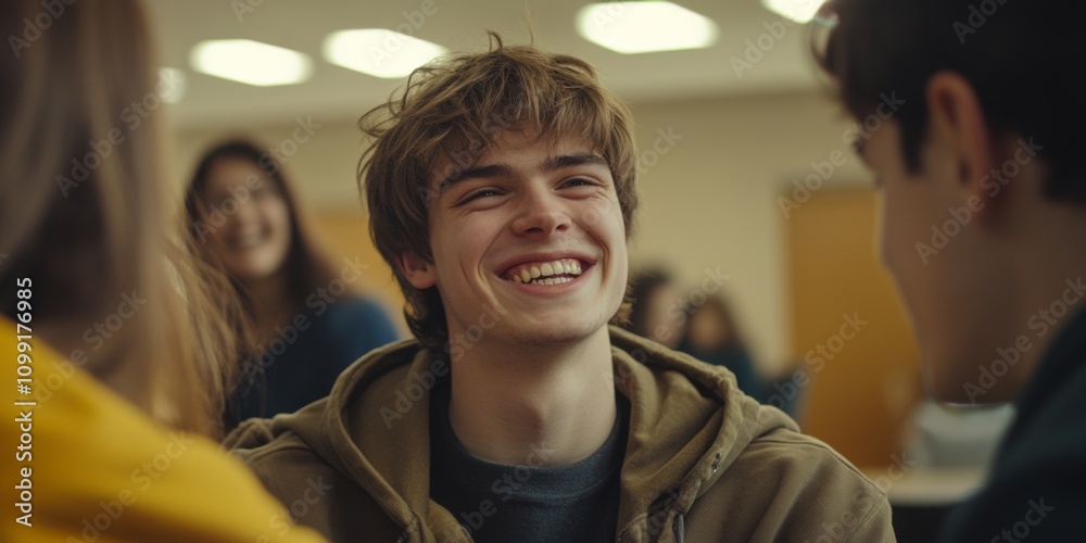 Obraz premium A young man smiles brightly while engaging in a lively conversation with friends in a casual setting. His joy reflects youthful energy and camaraderie. The atmosphere is warm and inviting. AI