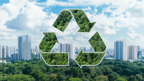 Green City: A powerful symbol of sustainable living, the recycling logo emerges from a lush, vibrant forest, set against the backdrop of a bustling cityscape. photo