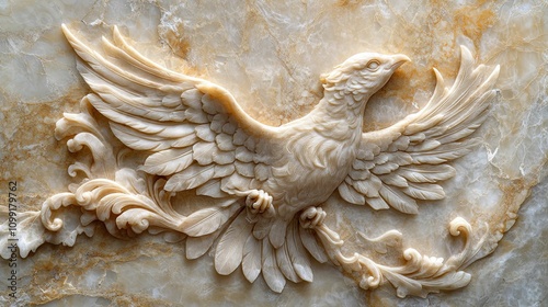 Intricate Stone Carving Of A Majestic Bird In Flight