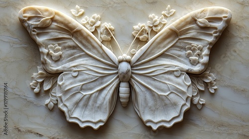 Intricate Marble Butterfly Carving With Floral Accents