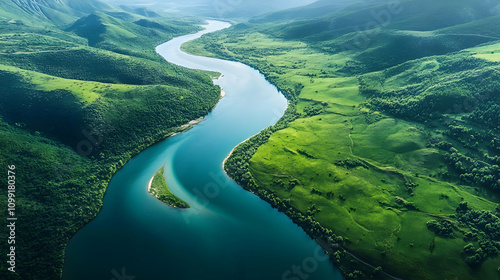 A calm river cutting through vibrant green fields, surrounded by distant rolling hills under a clear sky. photo