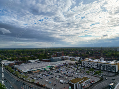 Aerial View of Buildings at Greater Manchester Central City, Northwest of England, United Kingdom. Aerial View Footage Was Captured with Drone's Camera on May 4th, 2024 During Sunset Time. photo