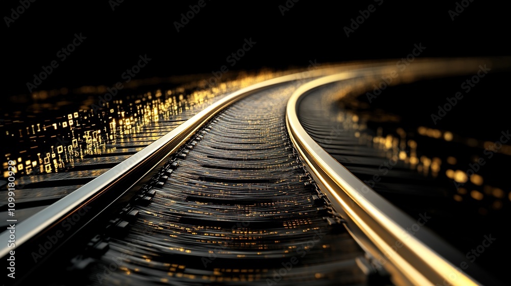 Fototapeta premium Curved Train Track Glowing with Reflections of Light Against a Dark Background, Capturing the Beauty of Rail Transportation in an Artistic Perspective