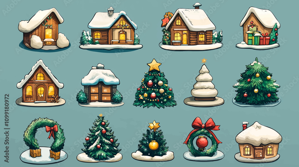 Fototapeta premium Merry Christmas, Happy New year cute sticker pack. Groovy patch collection. funny Xmas label set. Holiday design bundle. Hippie 70s 60s trendy retro cartoon style. Vintage vector flat illustration.