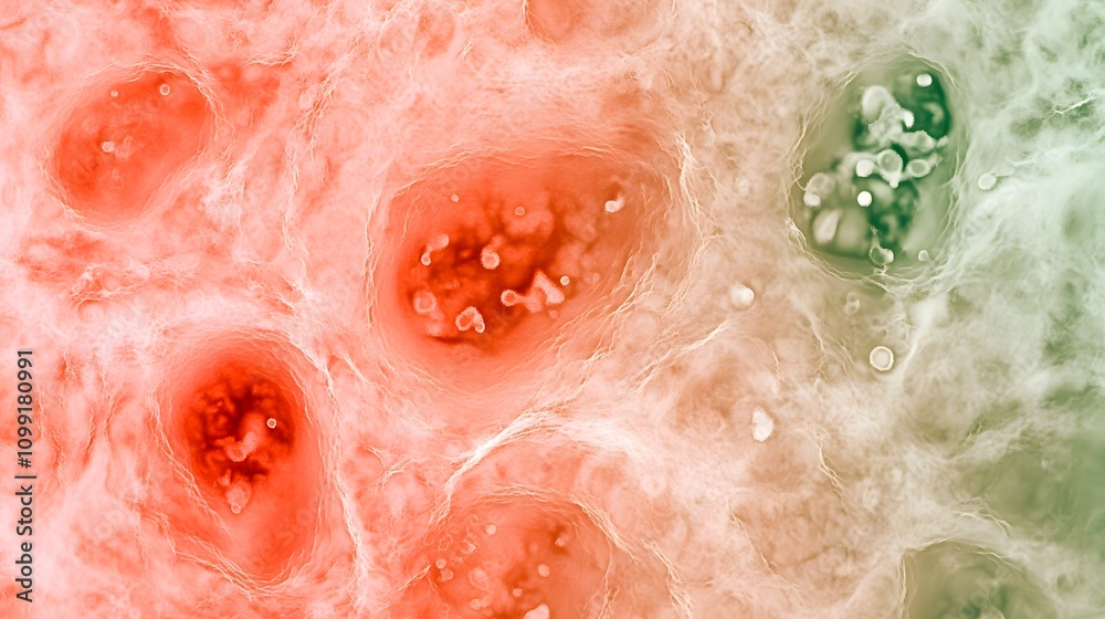 Fototapeta premium Active muscles under microscope reveal intricate cell growth patterns, showcasing the dynamic processes of life and regeneration.