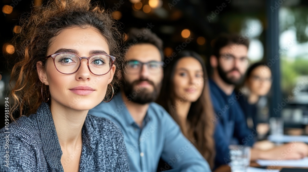 Fototapeta premium Young Diverse Professionals Engaging in Meeting with Modern Aesthetic Atmosphere in a Stylish Café with Warm Lighting