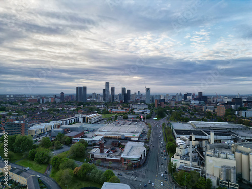 Aerial View of Buildings at Greater Manchester Central City, Northwest of England, United Kingdom. Aerial View Footage Was Captured with Drone's Camera on May 4th, 2024 During Sunset Time. photo