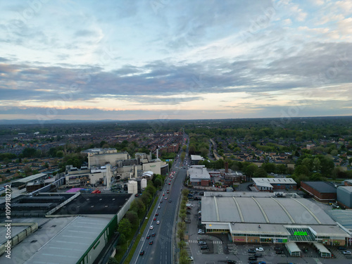 Aerial View of Buildings at Greater Manchester Central City, Northwest of England, United Kingdom. Aerial View Footage Was Captured with Drone's Camera on May 4th, 2024 During Sunset Time. photo