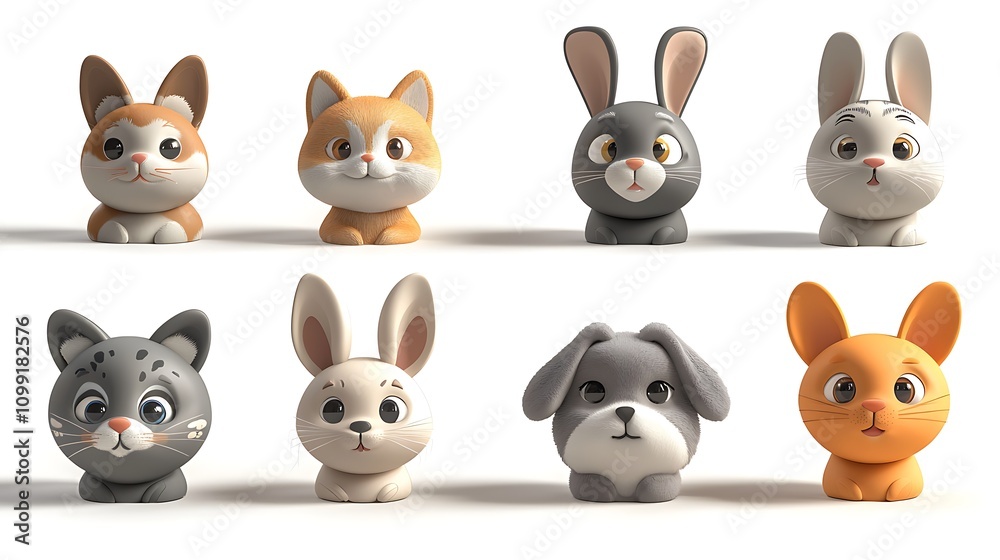 Obraz premium Cute Cartoon Animals Bunny Cat Kitten Collection
