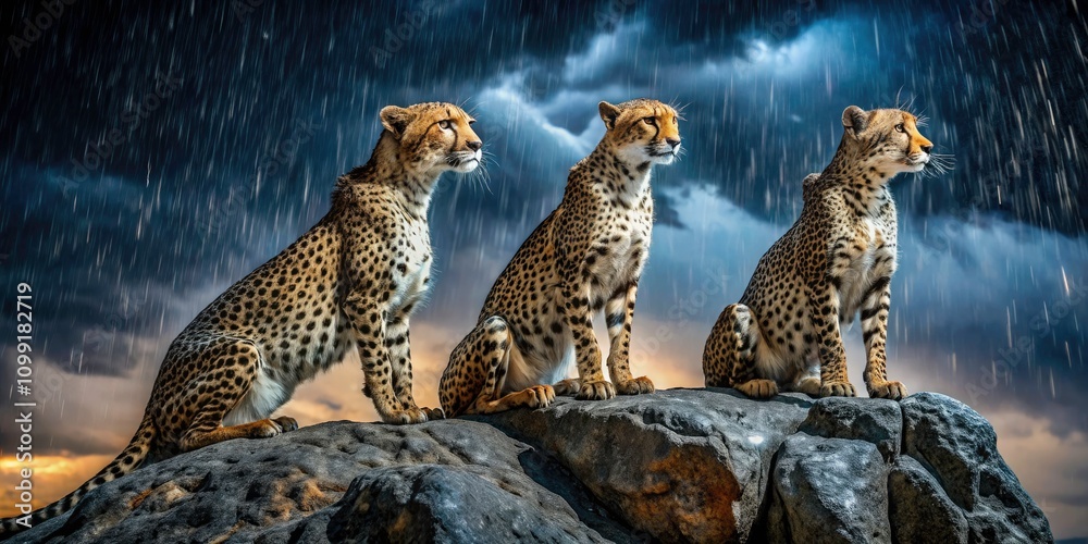 Obraz premium Night Photography of Three Cheetahs in Rain, Majestic Wildlife Among Rocks, Captivating Nature Scene, Acinonyx Jubatus, Dramatic Atmosphere, Animal Behavior, Conservation Focus