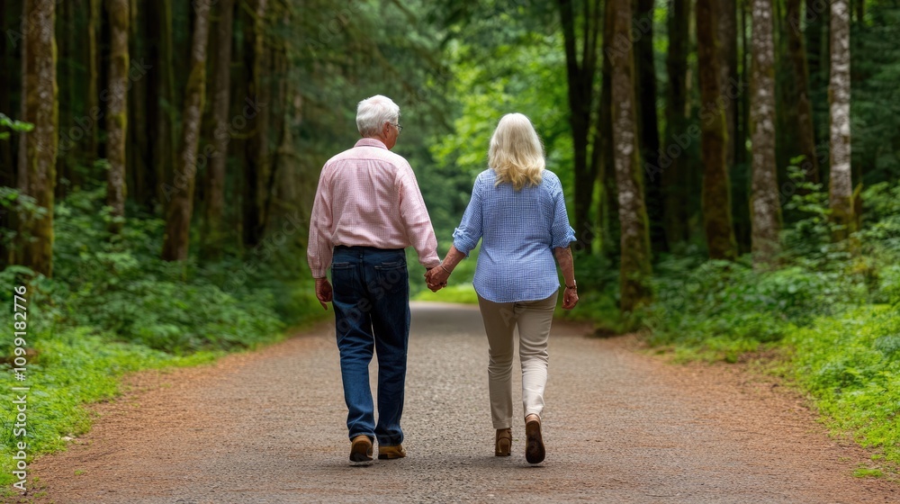 Fototapeta premium Couple enjoying a peaceful walk in nature serene forest path lifestyle photography vibrant greenery romantic viewpoint togetherness concept