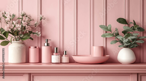 Pink tabletop on classic wall panels background. Pink counter top mockup for beauty products presentation. Aesthetic cosmetics shelf podium showcase illustration.