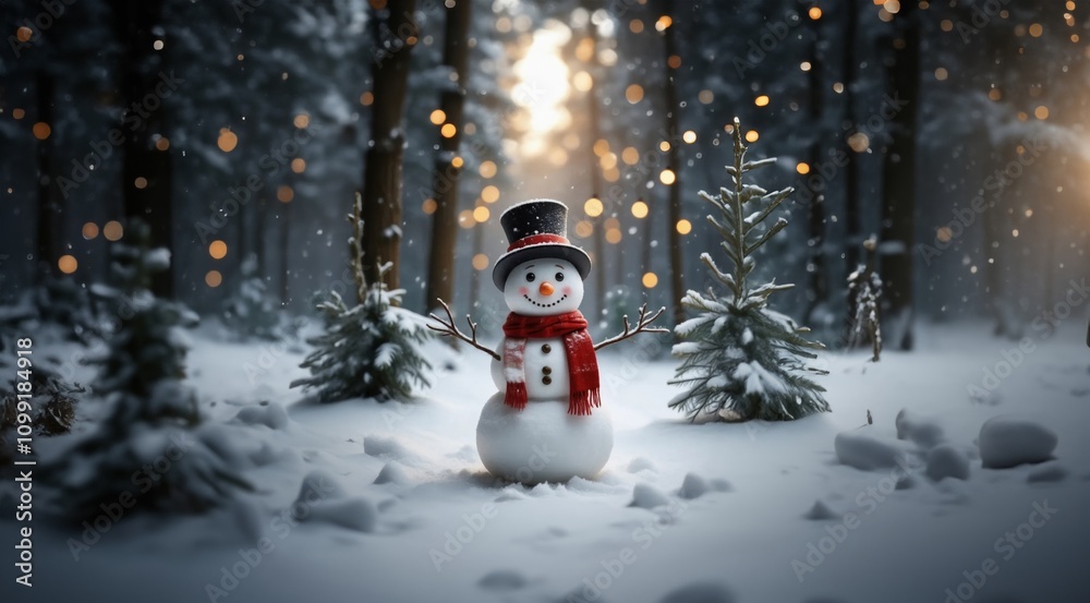 Obraz premium Christmas background. Christmas night theme with snowman. Christmas card with Christmas tree on night snowy background.