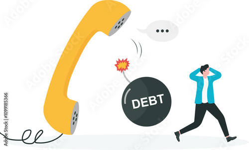 Debt payment notification via phone call, attempt to default on personal debt, loan, or mortgage concept. Depressed businessman running away from a giant telephone connected to an ignited debt bomb.

