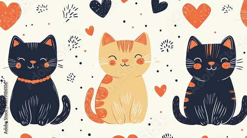 Adorable Cartoon Cats Hearts Pattern Design