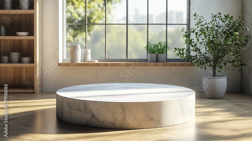 3D flat Kitchen counter top template for design studio empty wall and floor. Room with a podium for product presentation. Window light overlay and leaves blurred background.