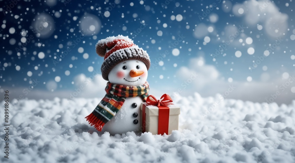 Fototapeta premium Winter greeting card. Happy Snowman. Snowman for Christmas and New Year. winter snowy forest. Winter holidays. Christmas theme.