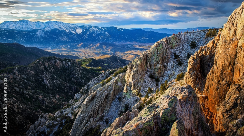 Fototapeta premium Conquering the Heights: Aerial View of Climbers on Dramatic Mountain Ridge with Vast Valleys Below